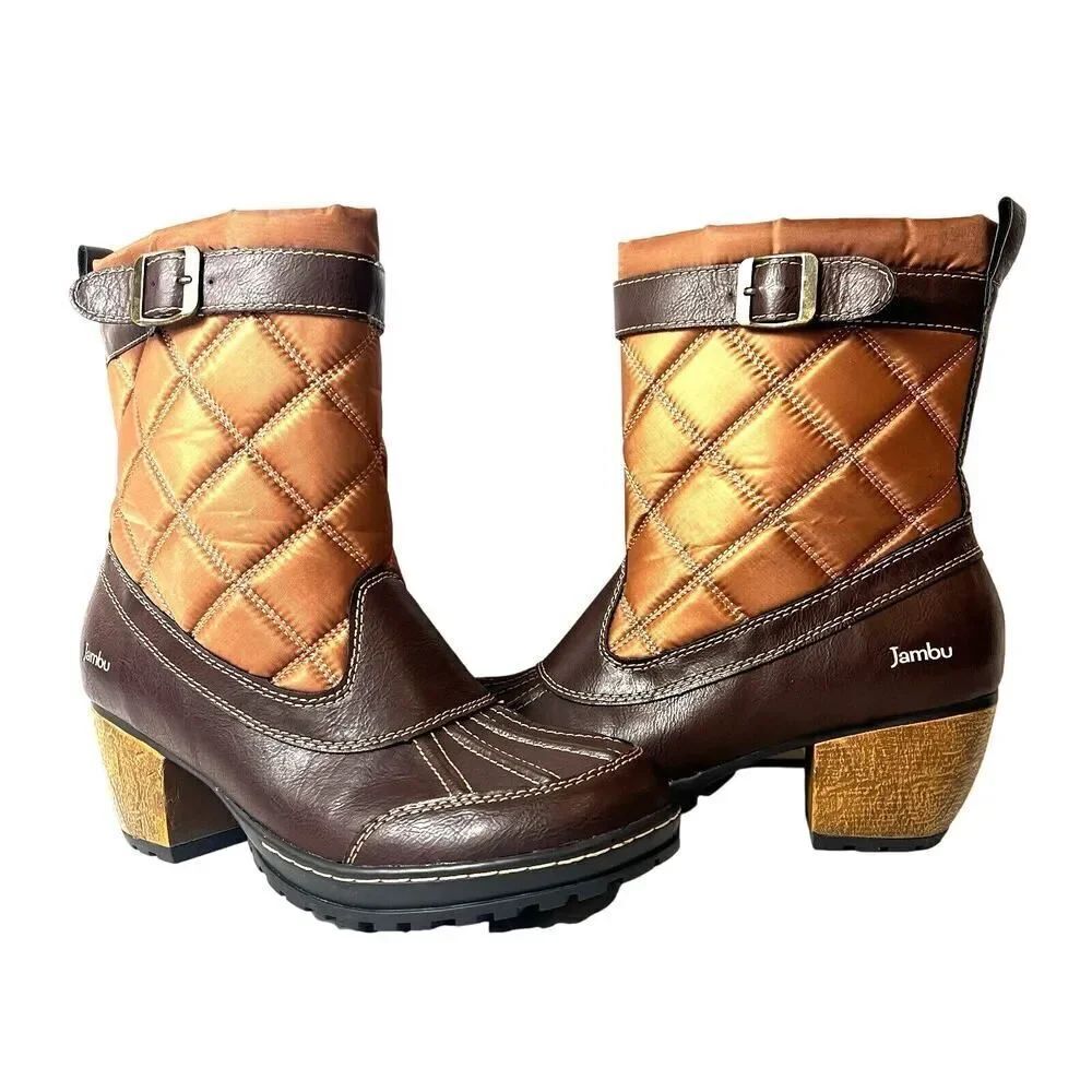 Jambu Mid Calf Boots Quilted Womens 9M Brown Vegan/Textile Zip Up Comfort Casual